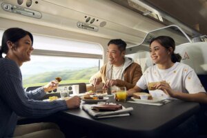 viaggiatore felice con biglietto prima classe treno