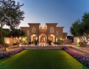 villa elegante mediterranea circondata da giardini fioriti